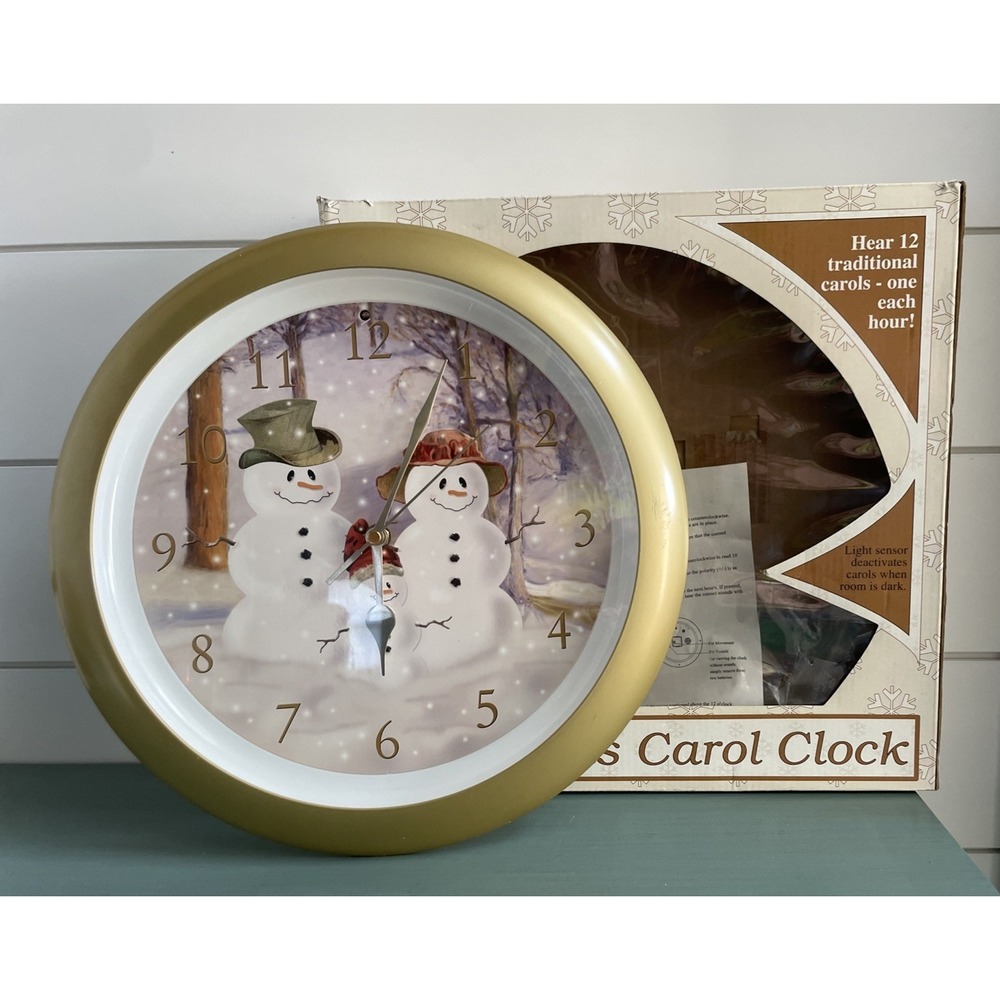 Mark Feldstein Snowman Family Christmas Carol Clock Light Sensor Gold XMAS8022